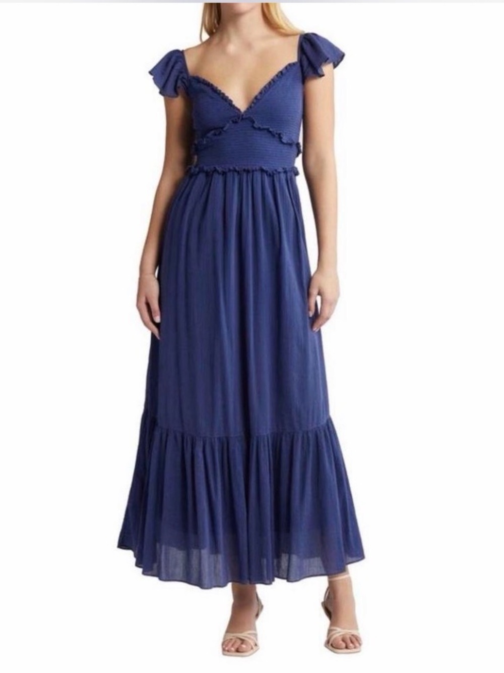 LoveShackFancy Navy Ruffle-Trim Maxi Dress with Flutter Sleeves